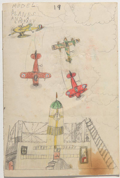 Model Planes and a Library, Ivor Davies, childhood drawing from wartime Penarth.