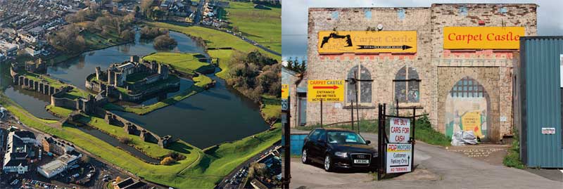 Left, Aerial view of Caerphilly, 2014 © Commission Air / Alamy Stock Photo right, Caerphilly © Metro Centric 2017, bit.ly/2ywT3gK