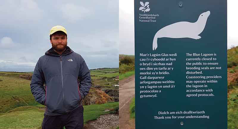 Top left: Phil Jones at Abereiddi Bay, October 2021 © Evie Davies. Top right: New sign at Abereiddi Bay, 2021 © Phil Jones. Below: the Blue Lagoon © Jim Monk / Alamy Stock Photo.