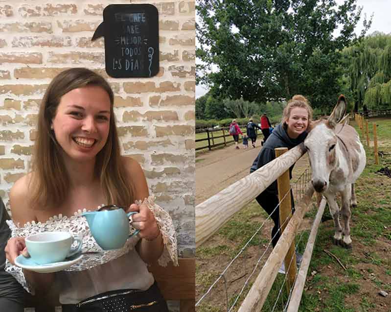 Left: Lauren in Valencia, a Catalan-speaking region of Spain. Right: Lauren and a donkey/burro. Both images courtesy Lauren Stenning.