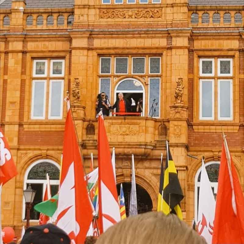 Patrick Jones speaking at the 2019 All Under One Banner march in Merthyr Tydfil.